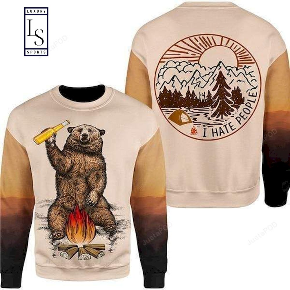 Bear Drinking Beer Camping Ugly Christmas Sweater