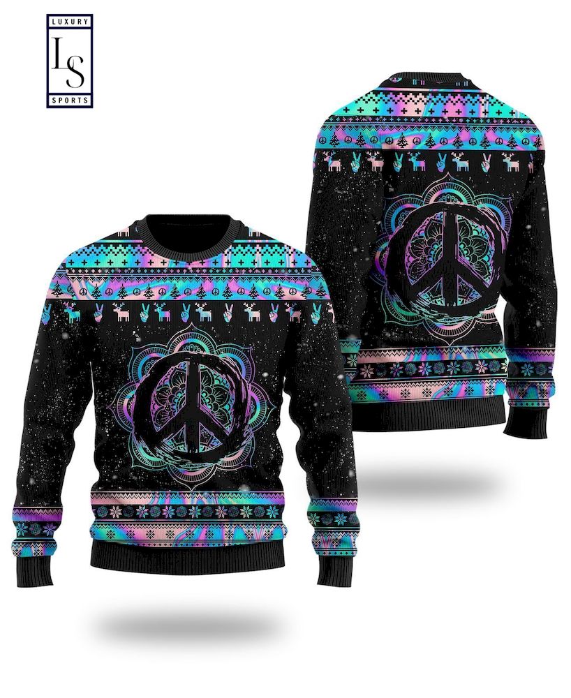 Hippie Holographic Mandala Peace Sign For Hippie Lovers Ugly Christmas Sweater