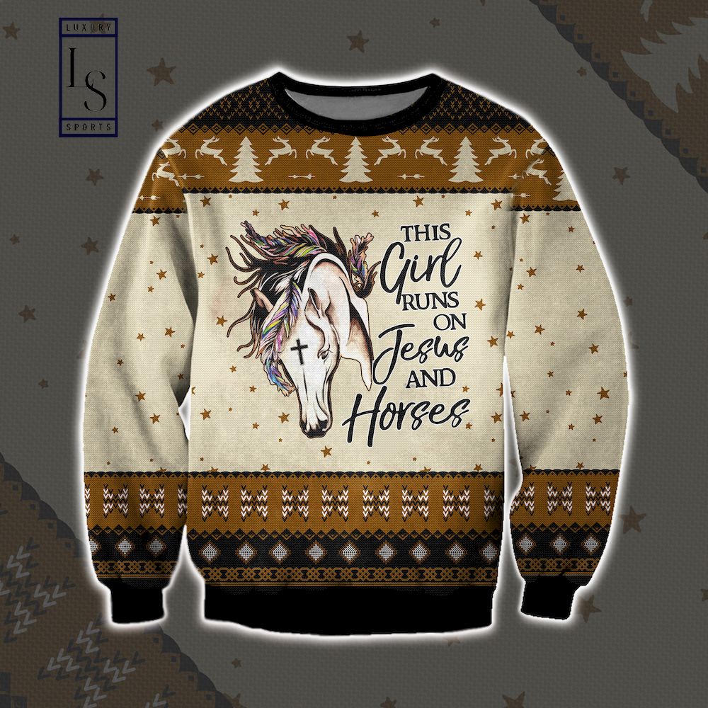 The Girl Runs On Jesus And Horses Ugly Christmas Sweater